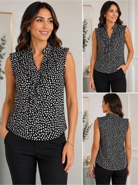 Karl Lagerfeld Paris Polka Dot Ruffle Blouse | XS | Black & White